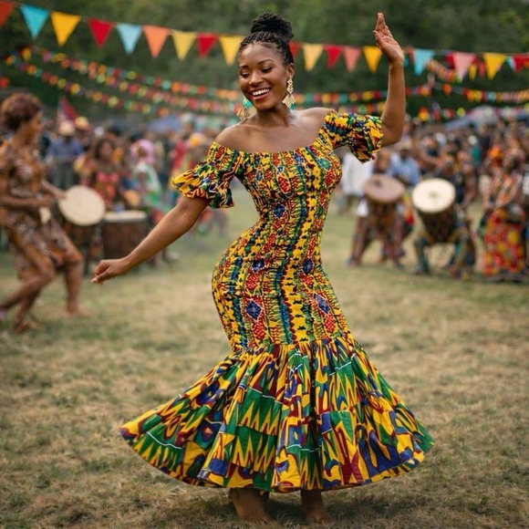 Handmade Dresses & Skirts - Vtg Smocked Kente African Maxi Dress Free Size World Dance Cultural Festival